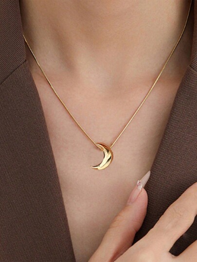 Collar con colgante en forma de luna de cadena circular de acero inoxidable resistente al agua y a la decoloración, en color dorado y plateado, adecuado para uso diario de las mujeres