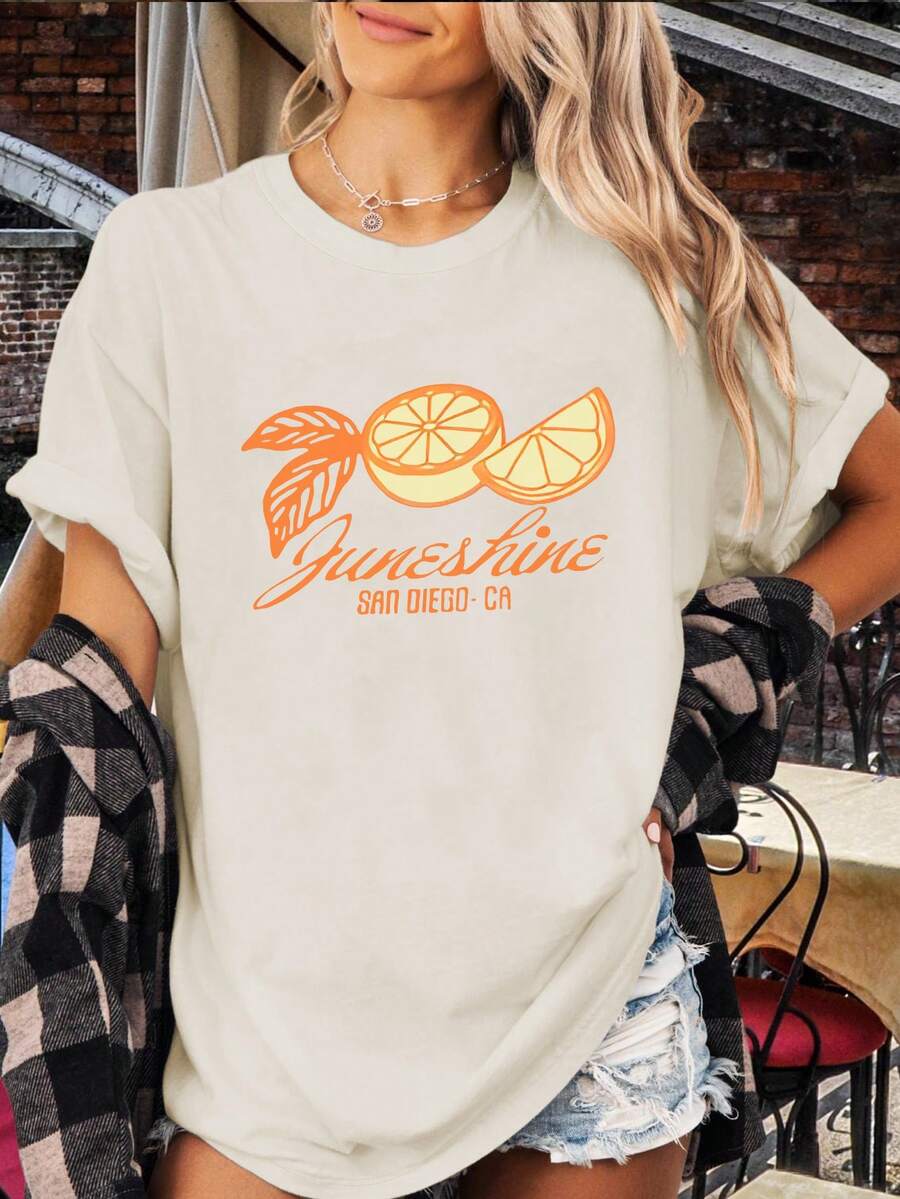Letras en inglés y estampado de fruta Camiseta de manga corta de talla grande para dama en verano - Albaricoque - Ver 1