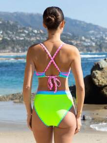 popvil Triangle Shell Trim Color Block Summer Beach Vacation Mid-Rise Bikini Set