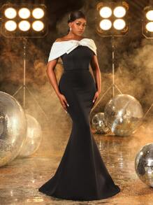 Faeriesty 优雅露肩蝴蝶结饰边美人鱼下摆撞色派对礼服、婚礼宾客礼服、正式礼服、晚礼服