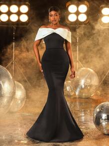 Faeriesty 优雅露肩蝴蝶结饰边美人鱼下摆撞色派对礼服、婚礼宾客礼服、正式礼服、晚礼服