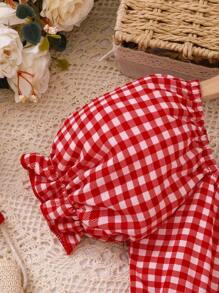 年轻女孩时尚可爱甜美红白贴片连衣裙，配红色圆点腰带和草莓贴花，适合休闲外出、度假、家居服、夏季 - 紅色 - 查看 4