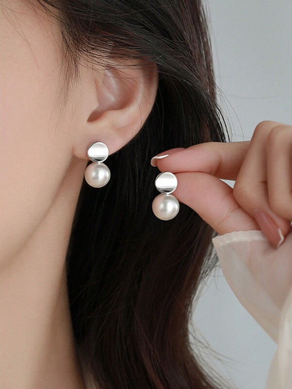 2pcs Elegant Women Jewelry S925 Silver Earrings, Faux Pearl Earrings Small Boutique Design High-End Dangle Earrings Suitable For Banquet, Party, Birthday Gift