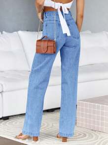 PiePieBuy Nữ Quần Jean Lưng Cao Bạn Trai Baggy Chân Thẳng Quần Denim Thường Ngày - Màu xanh lam - Xem 3