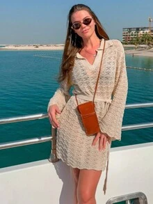 Elegant Shirt V-Neck Bell Sleeve Mini Dress Hollow Out Belted Knitted Dress 2024 Summer Beach Cover Up Women's Casual Outfit
