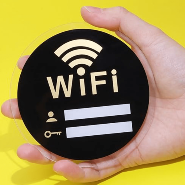 1 pieza Letrero de WiFi - Placa de identificación acrílica montada en la pared con respaldo adhesivo para oficina, centro comercial y espacios públicos, 3.94 pulgadas cuadradas