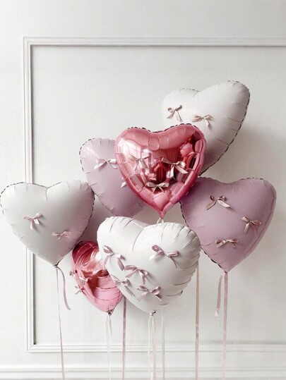 5/10 Sets Heart Shaped Balloons With Bow, 18 Inch Pearl Pink, Cream, Pink Foil Balloons, Suitable For Birthday Party, Baby Shower, Wedding, Bridal Shower, Anniversary, Valentine's Day Party Decor, Room Decor, Photo Shoot