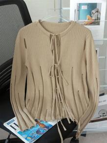 Women's Openwork Distressed Lace-Up Knitted Cover Up, Lightweight Spring/Summer Outerwear - Khaki - View 1