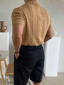 Men's Knitted Short Sleeve Cable Cable Pattern Casual Knit Top - Brown - View 2