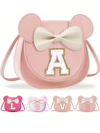 1pc Adorable Rose, Mouse Ear & Bow Design Crossbody Bag, Suitable For 3-8 Years Old Girls - Glittering Coin Purse, Faux Leather