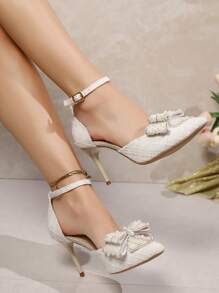 2025秋冬/2024春夏新款细高跟尖头水晶搭扣透明仙女带法式凉鞋，优雅女士高跟鞋，适合派对、婚礼等场合。 - 白色 - 查看 3