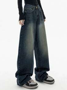 Women's Loose Button Front Wide Leg Plus Size Jeans, Casual And Fashionable-Fall Clothes For Women