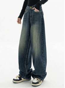 Women's Loose Button Front Wide Leg Plus Size Jeans, Casual And Fashionable-Fall Clothes For Women