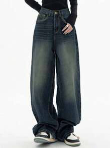 Women's Loose Button Front Wide Leg Plus Size Jeans, Casual And Fashionable-Fall Clothes For Women