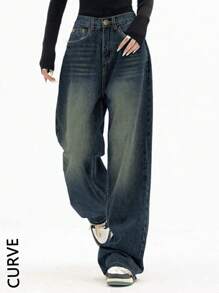 Women's Loose Button Front Wide Leg Plus Size Jeans, Casual And Fashionable-Fall Clothes For Women