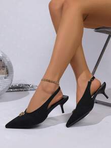 2025 New Kitten Heel Open-Toe Black High Heels, Metal Studded Linen Material Pointy Toe Stiletto Sandals