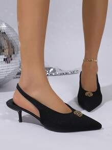 2025 New Kitten Heel Open-Toe Black High Heels, Metal Studded Linen Material Pointy Toe Stiletto Sandals