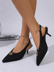 2025 New Kitten Heel Open-Toe Black High Heels, Metal Studded Linen Material Pointy Toe Stiletto Sandals