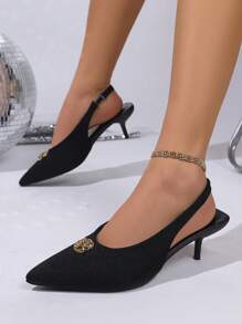 2025 New Kitten Heel Open-Toe Black High Heels, Metal Studded Linen Material Pointy Toe Stiletto Sandals