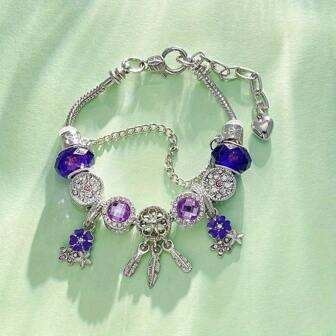 1pc Dreamcatcher Decor Purple Beads Sakura Charm Adjustable Snake Chain Bracelet, Charming Bohemian Bead Jewelry Accessory, Suitable For Various Occasions & As Gift