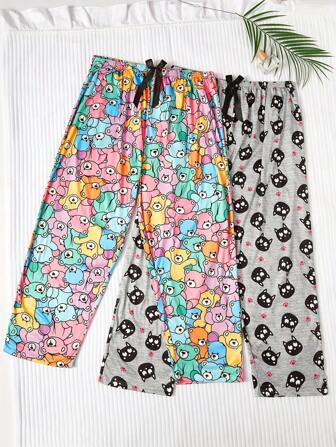 2 piezas Pantalones de dormir lindos para mujer de talla grande, pantalones de uso doméstico con estampado de animales de dibujos animados, decoración de moño y cintura elástica, ropa de otoño e invierno