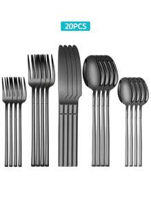 Stainless Steel Tableware Set, 5/20/30pcs Golden/Silver/Black Cutlery Set-Includes Dining Knives, Table Forks, Dining Spoons, Teaspoons And Dessert Forks, Forks For Salad/Appetizers/Dessert, And Mini Spoons For Coffee/Tea/Dessert/Cake/Stirring/Fruit/Ice Cream, Reusable Steak Knife, Soup Spoon, Teaspoon, Main Fork, Mini Forks