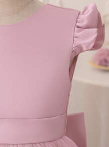 Young Girl Pink Cap Sleeve Bow Tulle Party Dress, Elegant Princess Dress For Girls Birthday Party, Wedding, Prom, Holiday Celebration, Flower Girl - Baby Pink - View 7