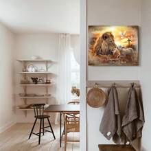 1 Piece Christian Lion And Lamb Canvas Wall Painting With "Peace Before Him" ​​Canvas Wall Decor, Is A Great Gift For Christian Families, Perfect For Your Home, Farmhouse, Prayer Room, Kids Room, Apartment, Bedroom, Office, Kitchen, Hotel, Bathroom, Etc. Home Wall Decor, Framed And Ready To Hang.