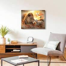 1 Piece Christian Lion And Lamb Canvas Wall Painting With "Peace Before Him" ​​Canvas Wall Decor, Is A Great Gift For Christian Families, Perfect For Your Home, Farmhouse, Prayer Room, Kids Room, Apartment, Bedroom, Office, Kitchen, Hotel, Bathroom, Etc. Home Wall Decor, Framed And Ready To Hang.