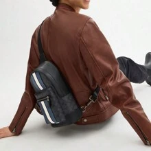 Coach West Pack 20 Metal Logo Zipper Closure Coated Canvas Crossbody Chest Bag Small Men's Charcoal And Black CV924 QBMI5