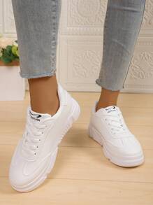 Women's White Platform Sneakers, Casual Shoes, Thick Sole Design, Non-Slip, Height Increasing, PU Leather For Students