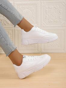 Women's White Platform Sneakers, Casual Shoes, Thick Sole Design, Non-Slip, Height Increasing, PU Leather For Students