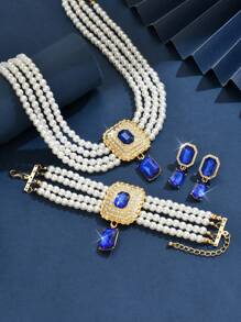 4pcs Set Luxury Exaggerated Multilayer Faux Pearl, Crystal & Rhinestone Embellished Necklace, Earrings, Bracelet Set, Suitable For Women Wedding, Party, Holiday Gift - Multicolor - View 9