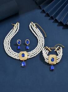 4pcs Set Luxury Exaggerated Multilayer Faux Pearl, Crystal & Rhinestone Embellished Necklace, Earrings, Bracelet Set, Suitable For Women Wedding, Party, Holiday Gift - Multicolor - View 8