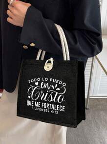 Christian Themed Small Tote Bag , Letter Pattern, Reusable Printed Women's Tote Bag, Double Handle Shopping School Bag, Large Capacity Shoulder Bag, Casual Tote Bag,Christmas Storage Bag, Suitable For Commuting, School And Shopping, Convenient For Outdoor Use, Gift For Friends And Besties, Teacher Gift,Easter Bonus , Perfect Choice For Vacation And Festival - Black - View 6