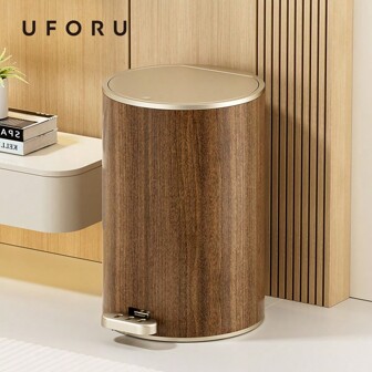  UFORU 1pc Household Senior Sense Living Room Seal With Cover Double Open Large Capacity Narrow Seam Storage Retro Wood Grain Trash Can