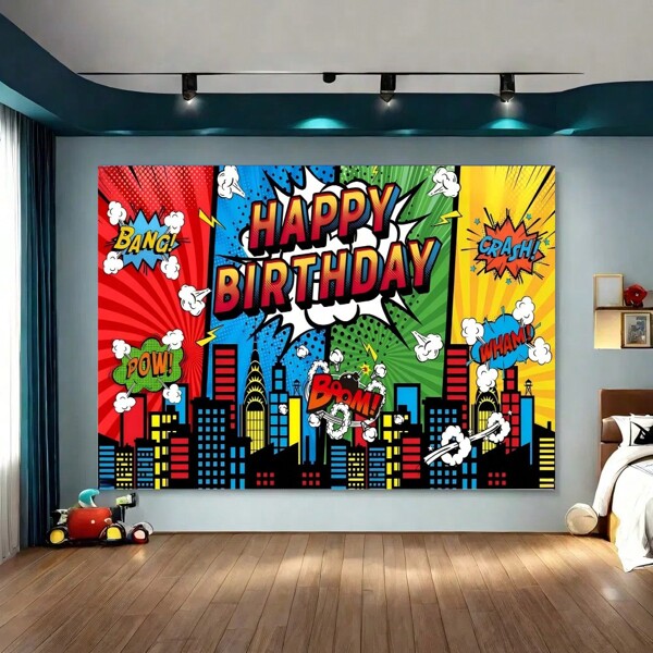 1pc Superhero City Landscape Photography Backdrop, American Comic Style Building Scene For Birthday Party Photo, Birthday Banner Decor, Photobooth Studio Props, Party Supplies Decoration, Birthday Decoration