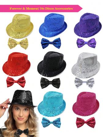 Forever & Moment 2 szt. damski zestaw akcesoriów dyskotekowych z lat 70. z cekinami, błyszczącą muszką, regulowanym kołnierzykiem, muszkami w jednolitym kolorze i błyszczącą czapką dyskotekową na bal maturalny, Halloween