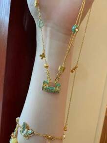 1 件复古宫廷风水滴釉花朵和平锁项链女士情侣周年纪念华丽珠宝礼物派对配饰 - 金黃色 - 查看 2