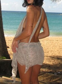 Women's Serpentine Print Halter Sexy Deep V-Neck Backless Dress - 灰色 - 查看 3