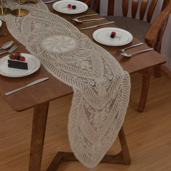 1 Pc Embroidered Table Runner, Full Rope Embroidery, Size: 35cm*150cm, 35cm*180cm, 35cm*220cm, 35cm*250cm, 35cm*270cm, 100% Polyester, Traditional Style For Parties, Celebrations, Holidays And Daily Life.