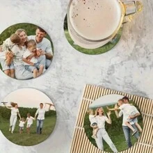 Porta-copos de Madeira Personalizados, Porta-copos de Madeira Personalizáveis com Foto/Imagem/Foto Impressa da Família, Adequado para Mesa de Centro, Mesa de Jantar, Cozinha, Decoração de Mesa do Escritório em Casa, Presente de Inauguração do Lar