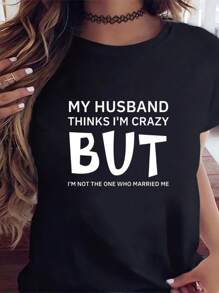 My Husband Letters Print T-Shirt Short Sleeve Top Cotton Shirt Crew Neck Machine Washable - màu đen - Xem 1