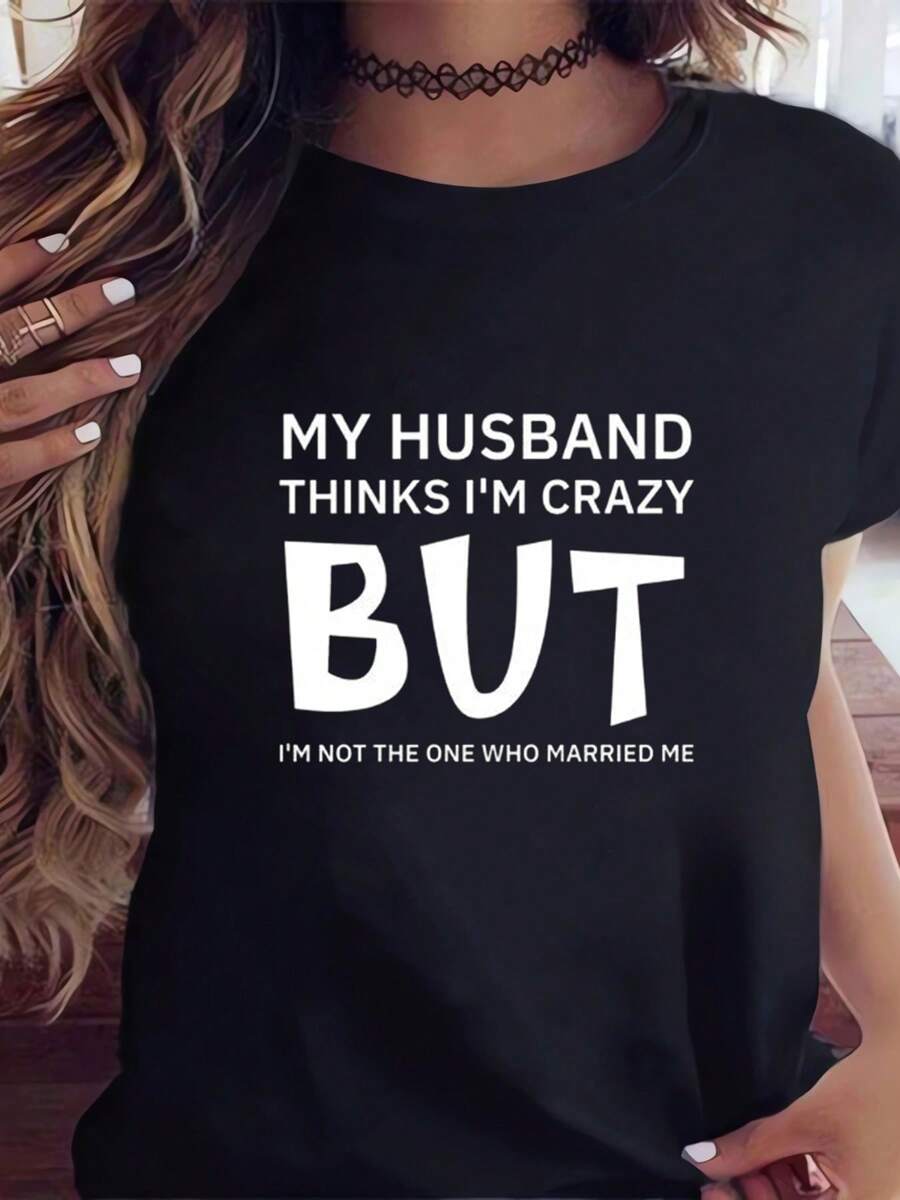 My Husband Letters Print T-Shirt Short Sleeve Top Cotton Shirt Crew Neck Machine Washable - màu đen - Xem 1