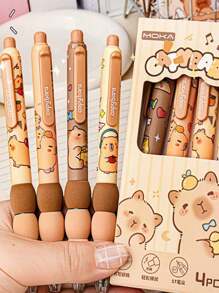 1pc/4pcs Capybara Erasable Push-Button Pen, (4pcs/Box) Random Colors And Styles, High-Quality Creative Student Stationery, Blue Pen Refill, Gradient Splicing Foam Grip Non-Hurt Hand, Built-In Eraser Tip, Exam-Use Pen, Cute Easily Erase Ballpoint Pen