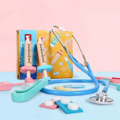 Tlewj 儿童医生角色扮演玩具套装、木制注射器、药丸、温度计、礼物