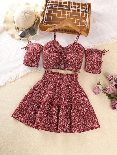 Left Mama Conjunto de top de tirantes y minifalda con estampado floral vintage para niña preadolescente, adecuado para vacaciones y playa en verano