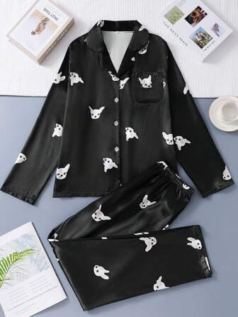 2pcs/Set Puppy Allover Print Satin Women Pajamas Set, Long Sleeve Button Shirt And Elastic Waist Pants, Comfortable Loungewear For Spring Autumn Winter,Two Pieces Set