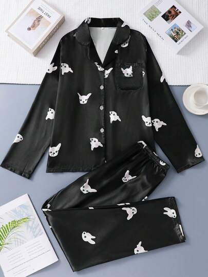2pcs/Set Puppy Allover Print Satin Women Pajamas Set, Long Sleeve Button Shirt And Elastic Waist Pants, Comfortable Loungewear For Spring Autumn Winter,Two Pieces Set