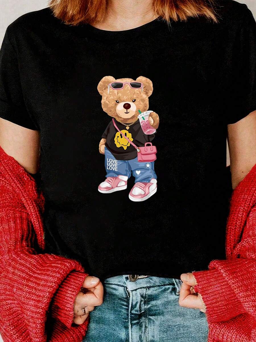 Fashion Bear Print Round Neck Short Sleeve T-Shirt For Women Casual, Summer , Women Top Graphic Tees Women Tops - 黑色 - 查看 1